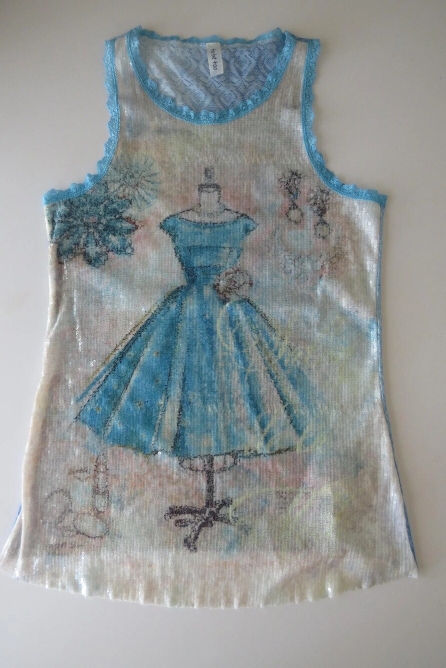 Vintage Italian Sequin Tank Top, Dress Form Print, Lace Trim Cami